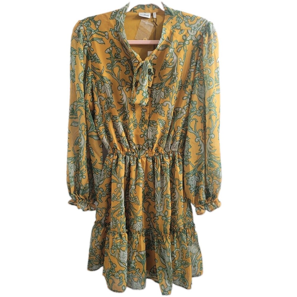 Hermoza Lee Collar Neck Dress M Saffron Floral Tie Neck Long Sleeve NWT $248 - Picture 2 of 11